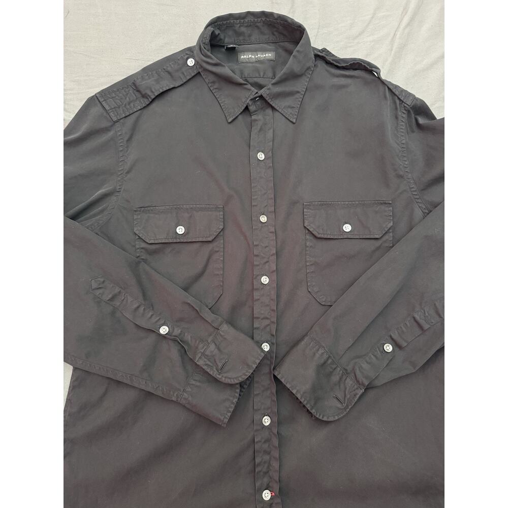 Ralph Lauren Black Label Military Shirt Men L Black Epaulette Button Up L/S